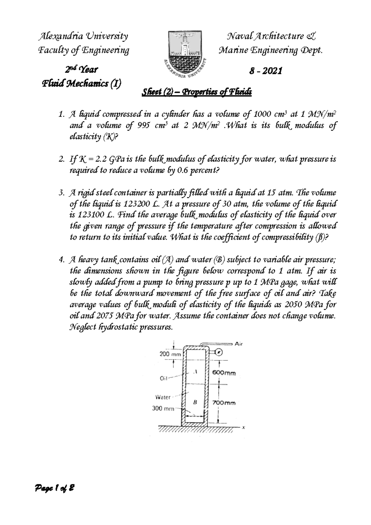 Fluid Mechanics (I) 2nd Year - Properties of Fluids Sheet 2021 - Studocu