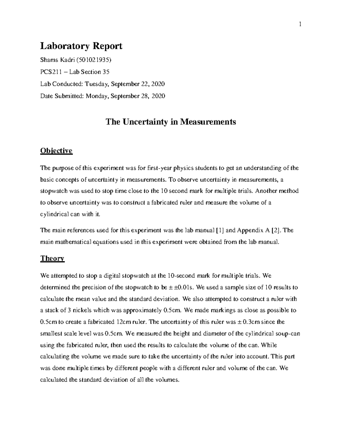 PCS211 - Lab Report 1 - Laboratory Report Shams Kadri (501021935 ...
