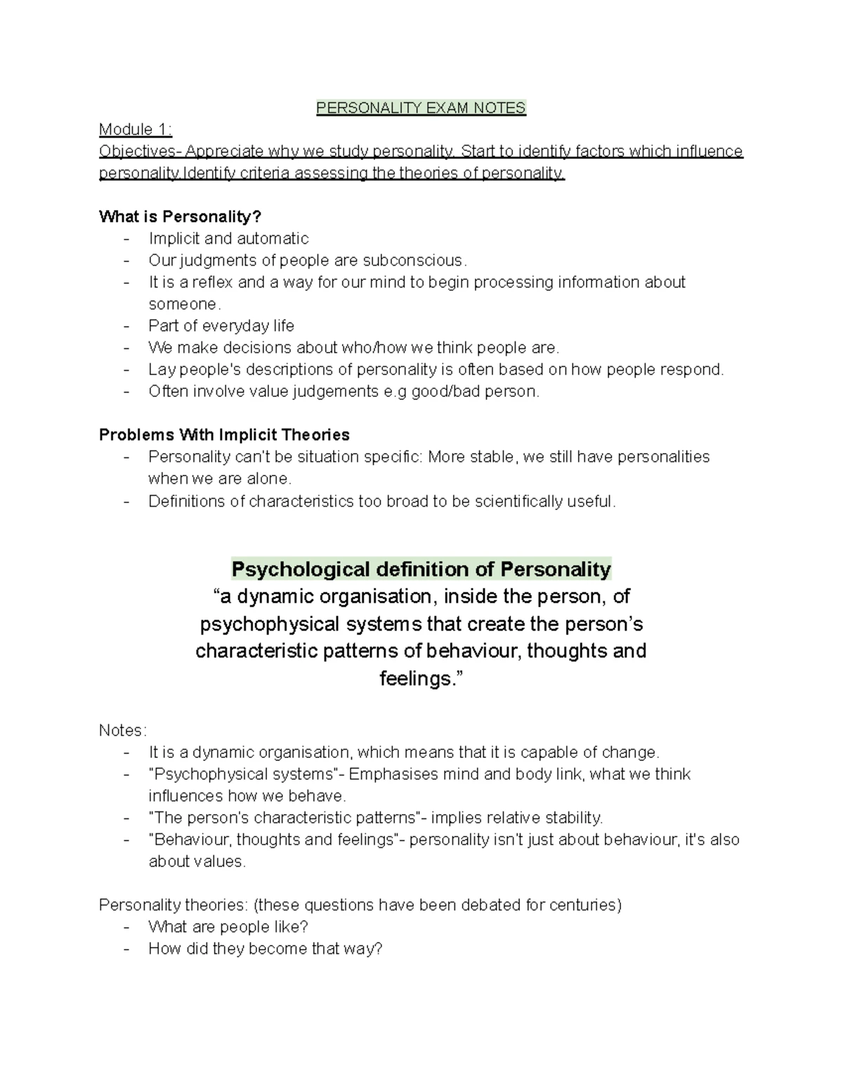 Personality Module Notes - P Module 1 