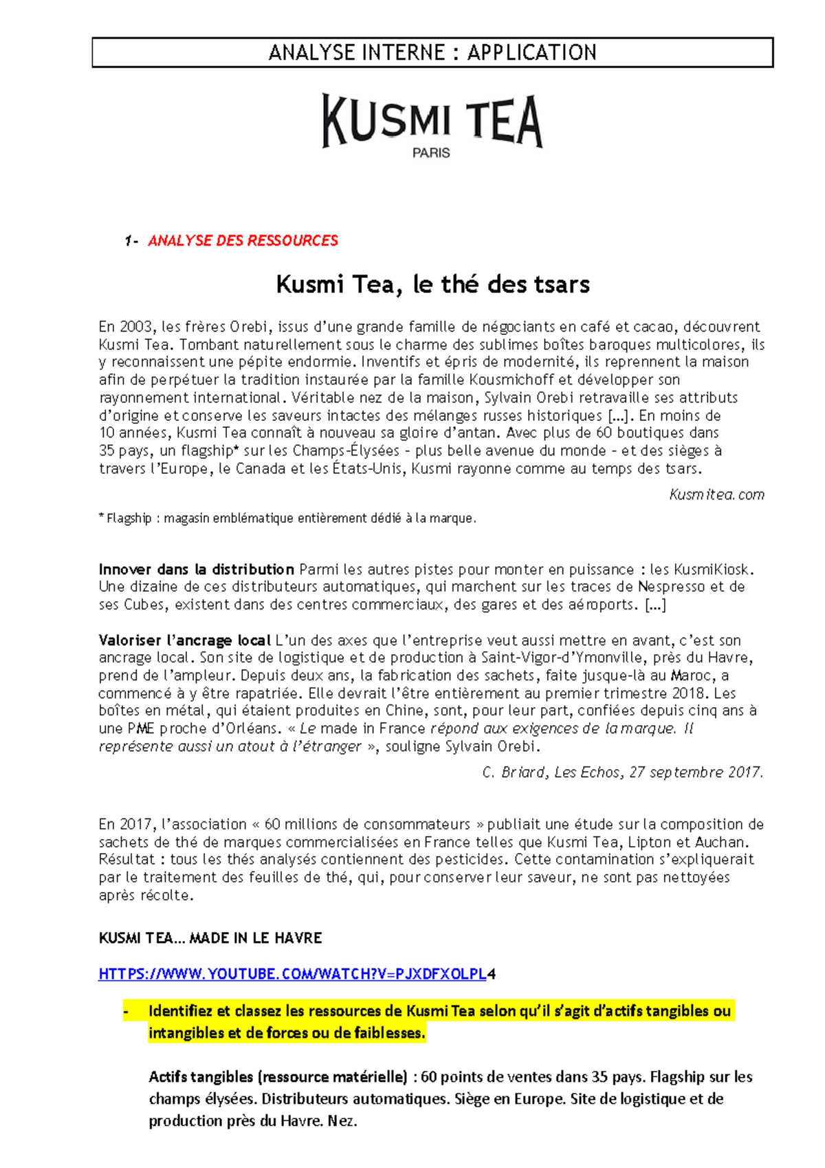 Etude de Cas sur Kusmi Tea : Analyse des Ressources et Compétences ...
