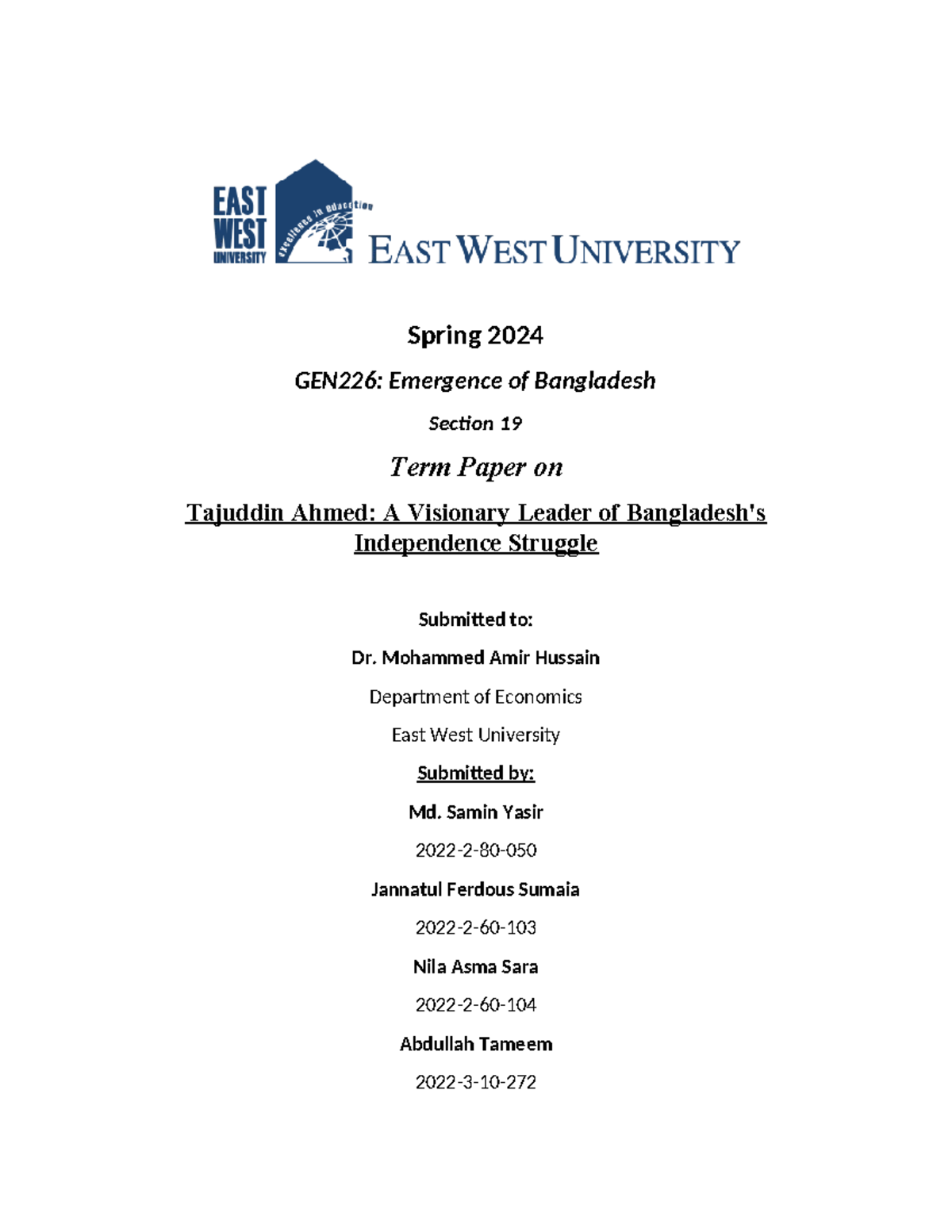 GEN226-Termpaper - term paper - Spring 2024 GEN226: Emergence of ...