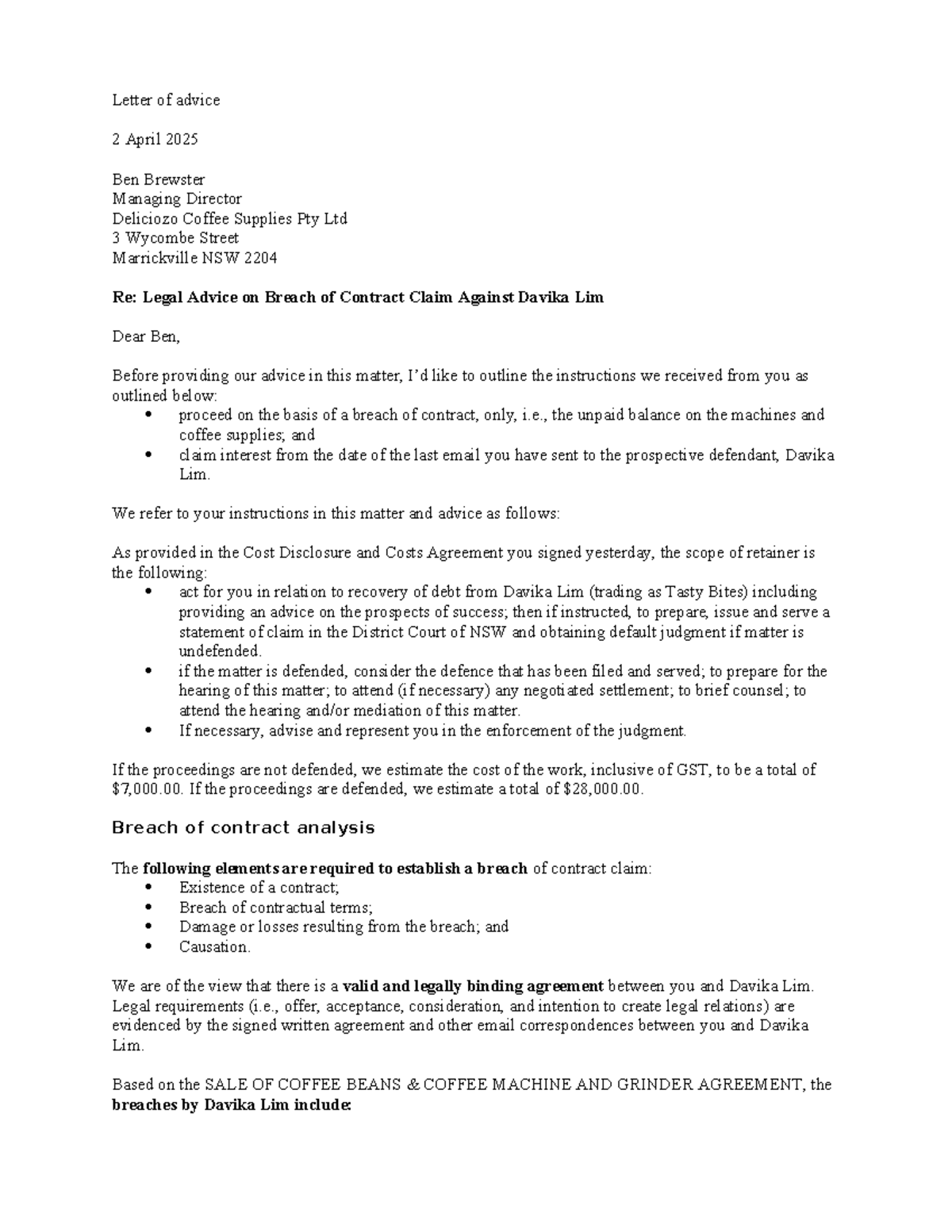 Letter of advice - this document is very useful for the task and oral ...