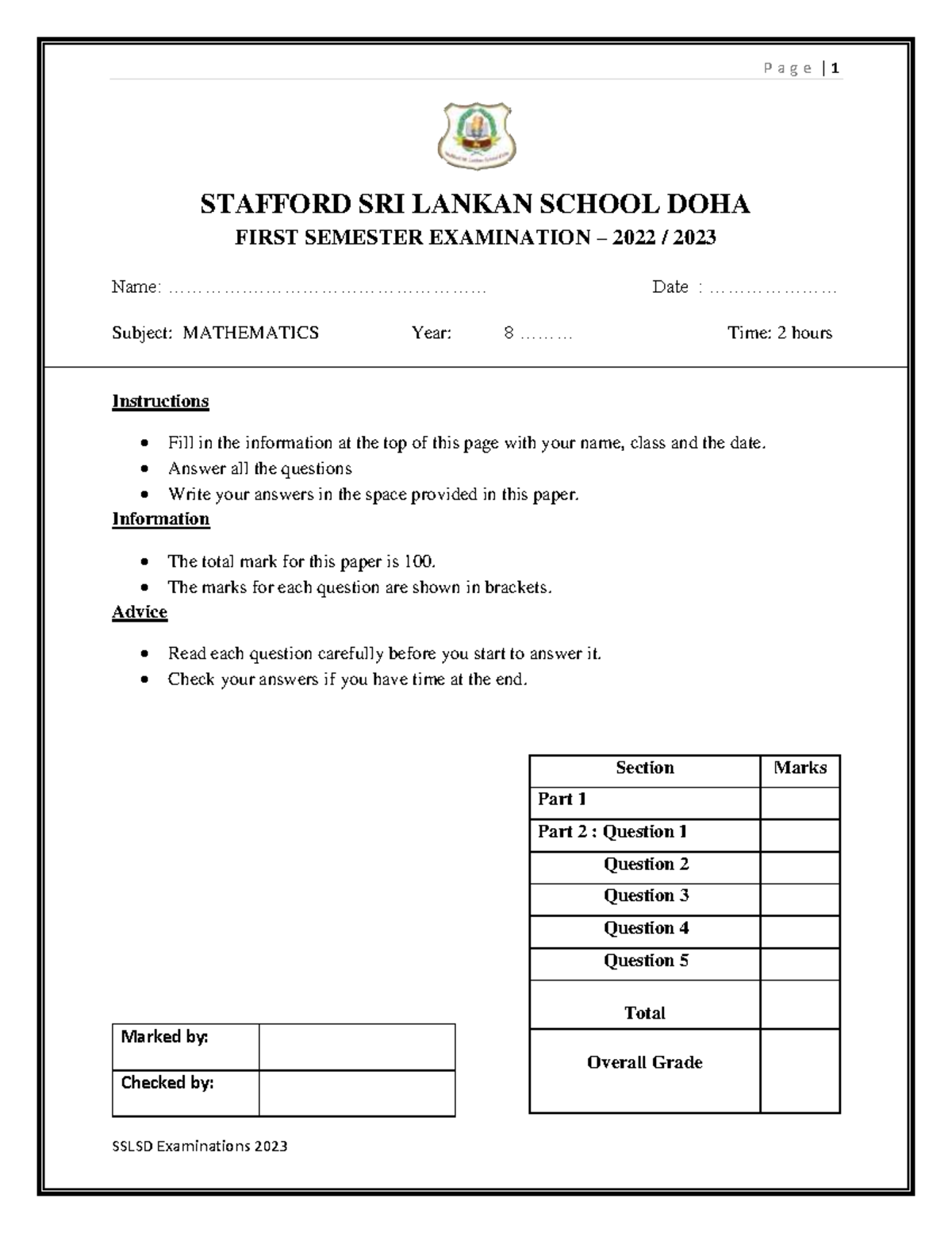 Y8 MATH SEM1 22-23 - First Semester Examination Paper - Studocu