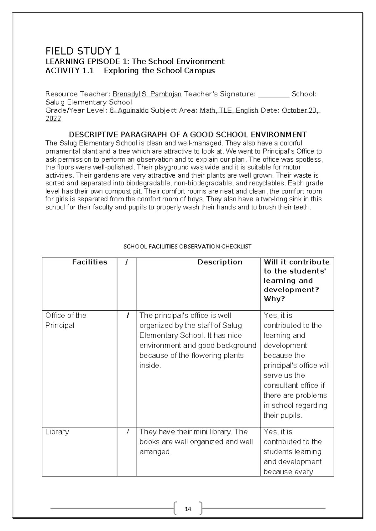 Field Study 1- Glyza - Nsns - FIELD STUDY 1 LEARNING EPISODE 1: The ...
