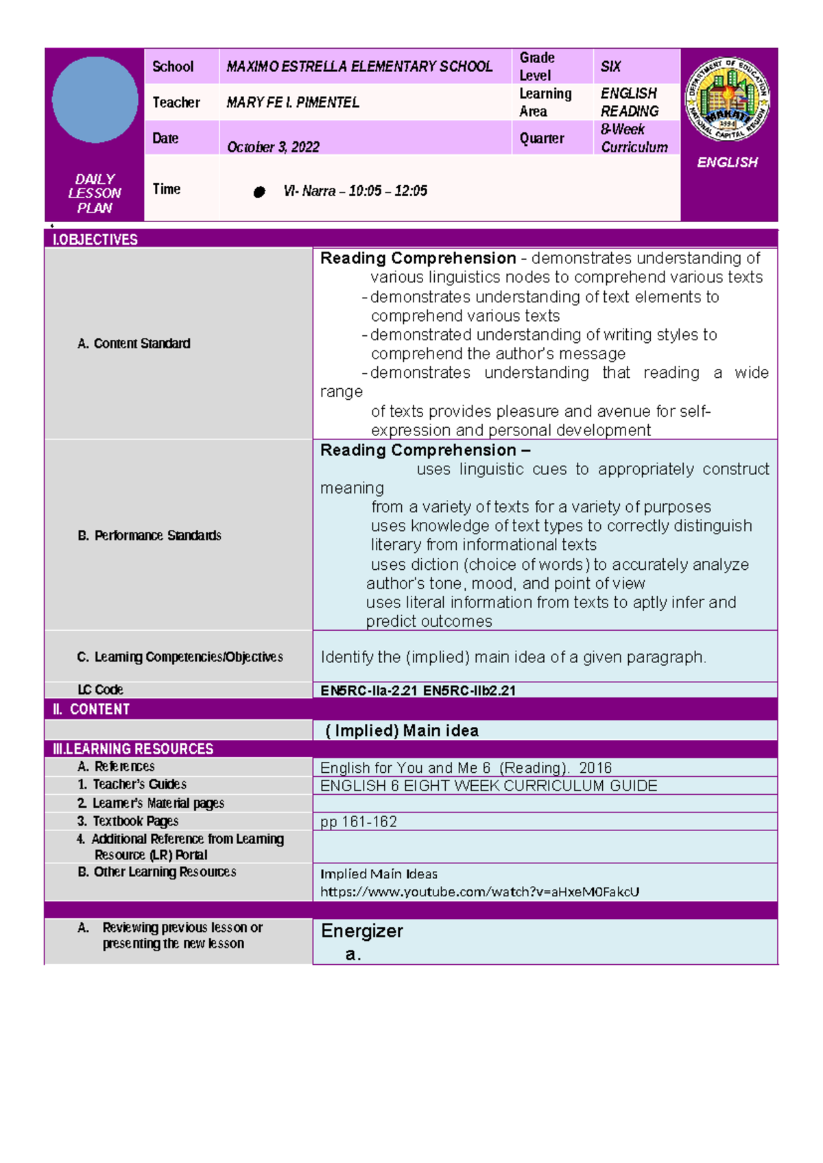 DLP-ENG-6-Lesson Plan on Identifying Implied Main Ideas - Studocu