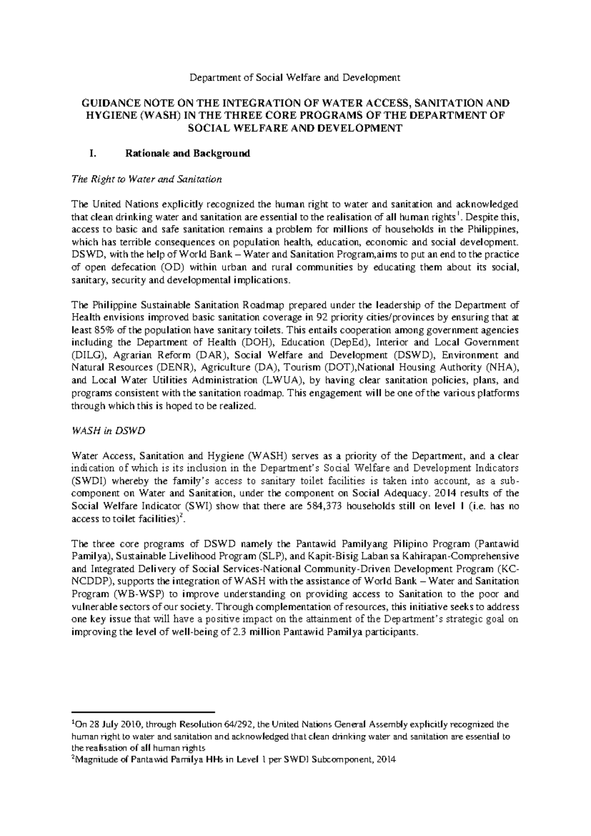 Guidance Note on WASH Integration in DSWD Core Programs - Studocu