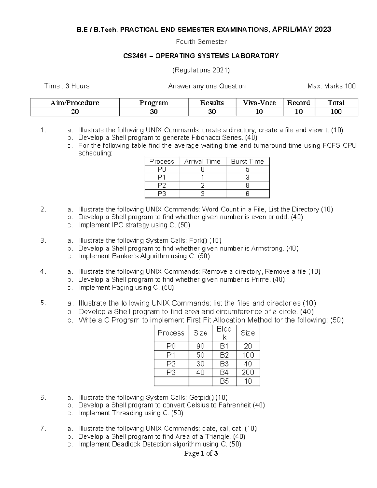 B.E B.Tech. CS3461 Operating Systems Lab Final Exam Q&A Set 3 - Studocu