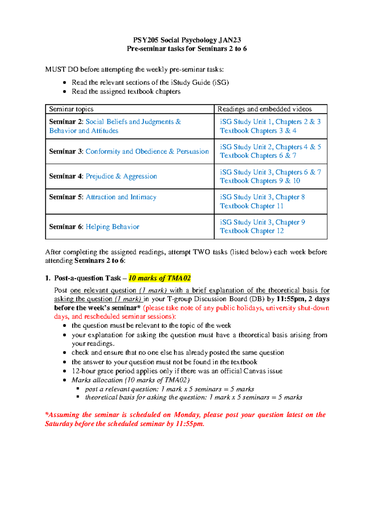 PSY205 Pre-Seminar Tasks Overview for Seminars 2-6 JAN23 - Studocu