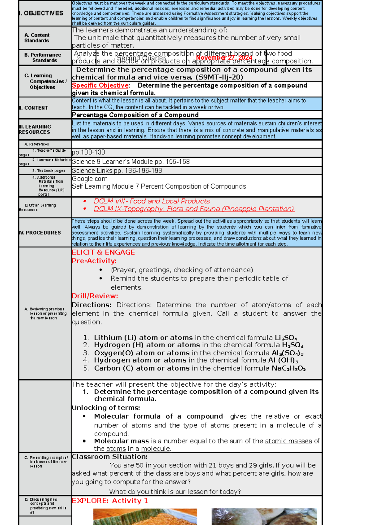 Science 9 Lesson Plan: Percentage Composition of Compounds - Studocu