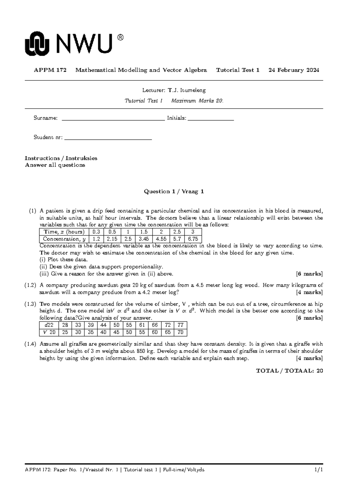 APPM 172 Tutorial Test 1: Mathematical Modelling & Vector Algebra - Studocu