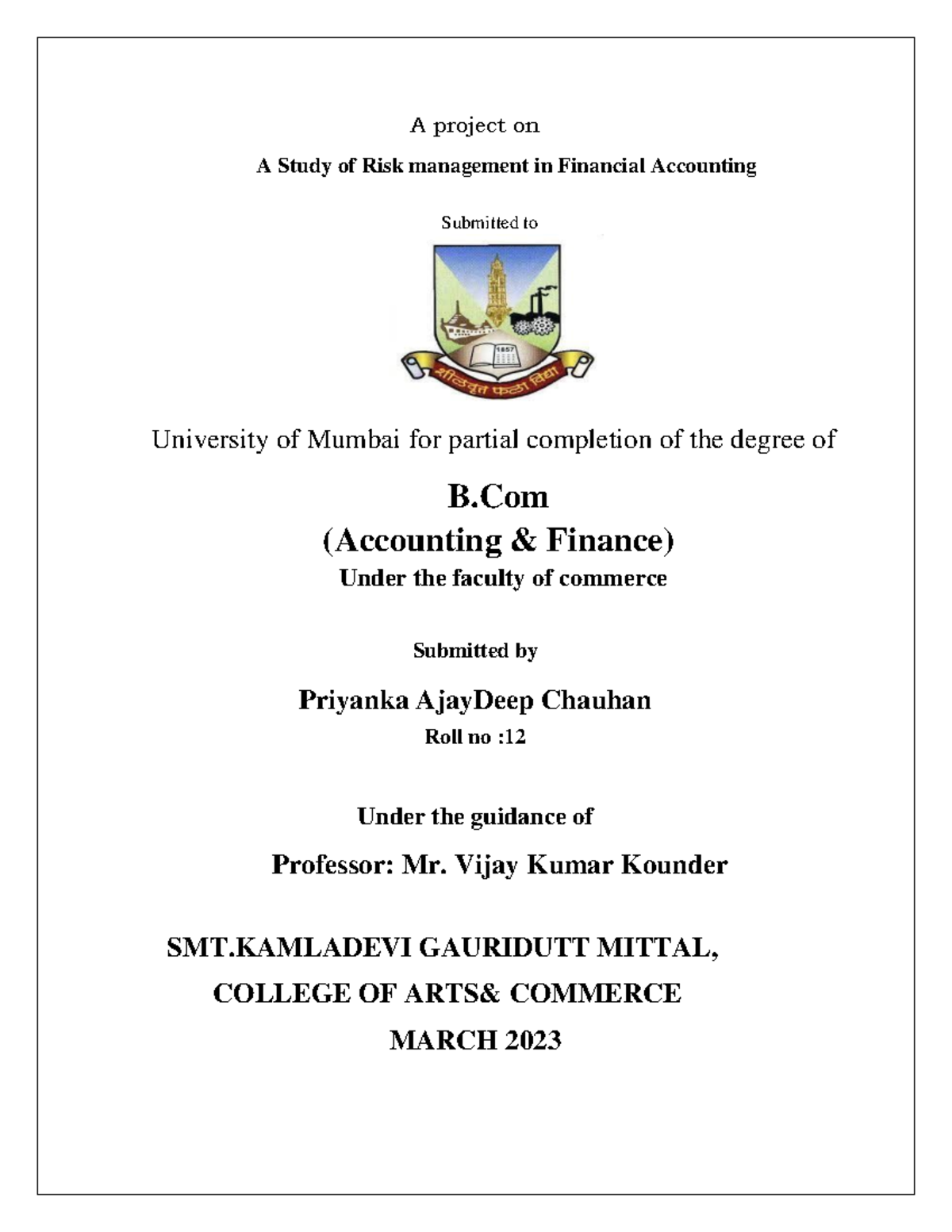 B.Com Project: Risk Management in Financial Accounting - Document Preview