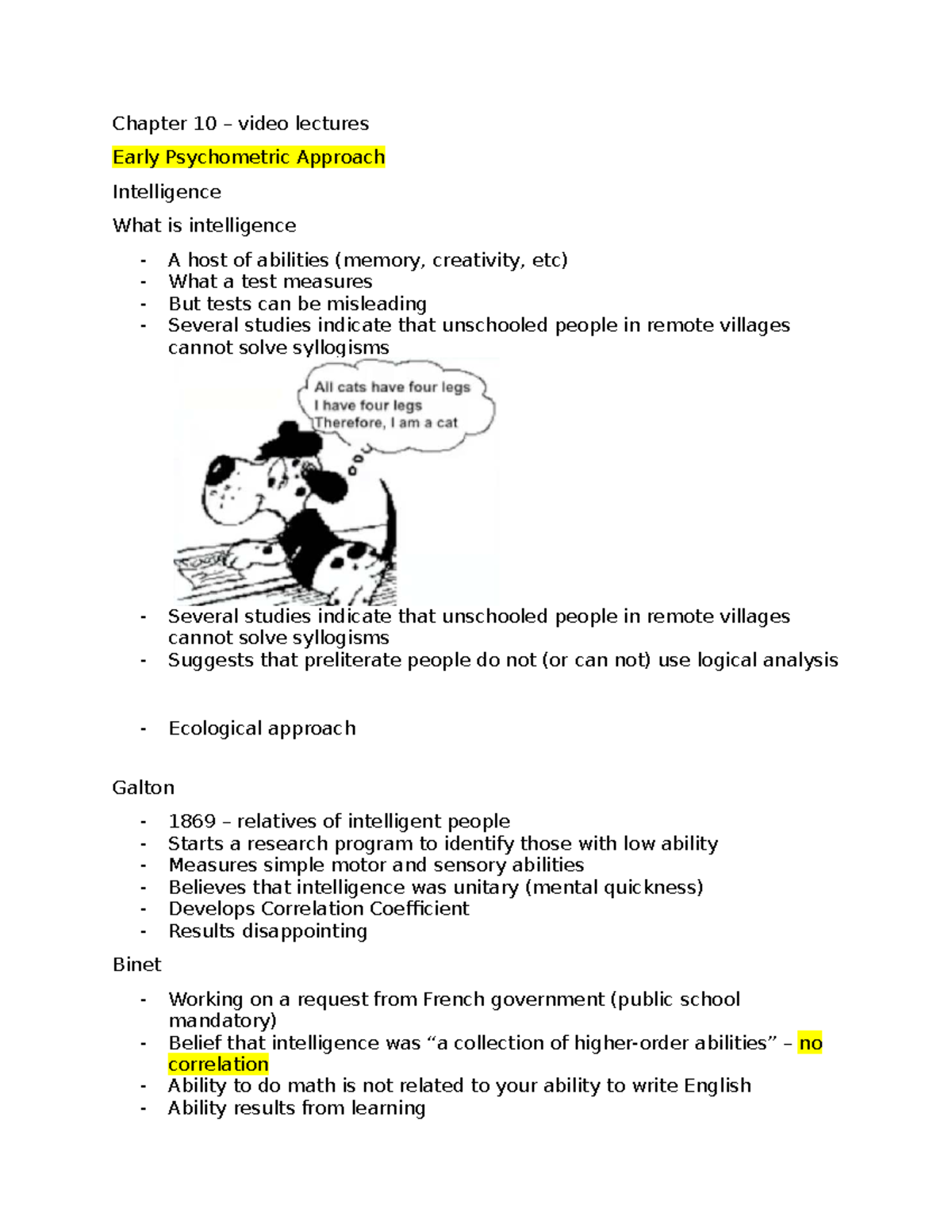 Chapter 10 Lecture Notes: Early Psychometric Approaches to Intelligence ...