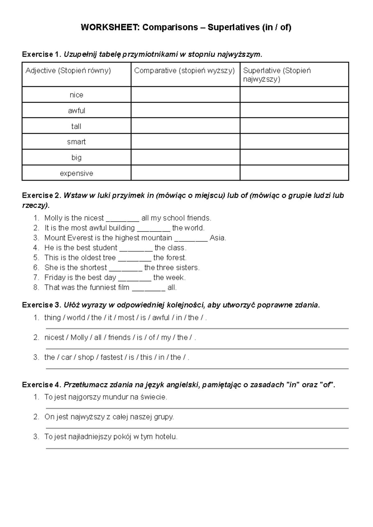 Worksheet: Comparisons – Superlatives (in/of) Exercises - Studocu