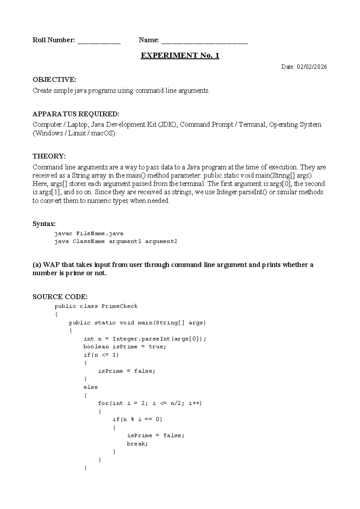 BCS452 Lab File: Java Programming Experiments and Concepts - Studocu
