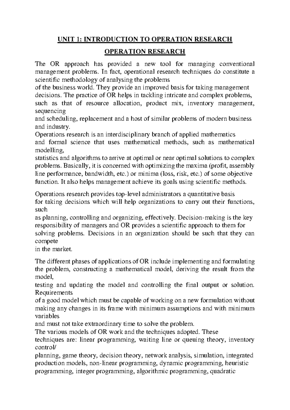OR Unit 1 - Introduction to Operations Research Theory and Applications ...