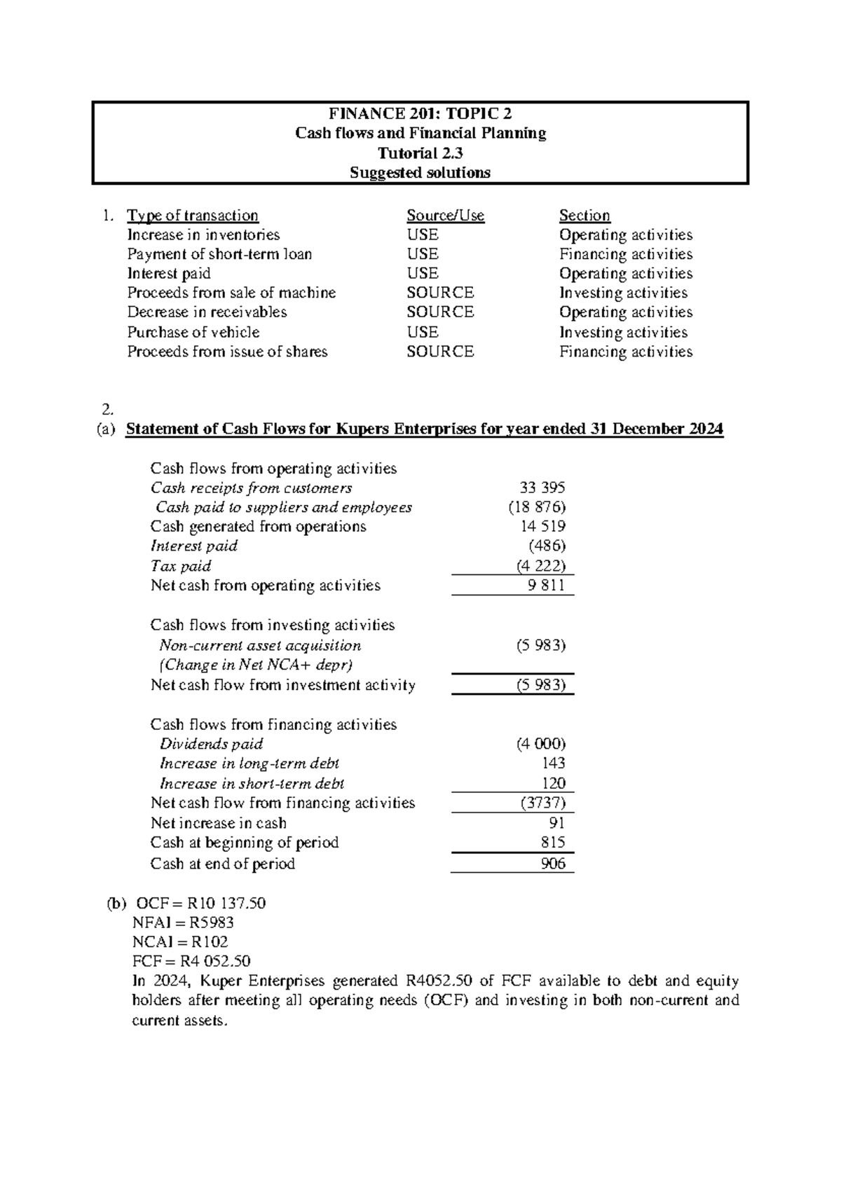 Tutorial2.3 practice solutions - FINANCE 201: TOPIC 2 Cash flows and ...