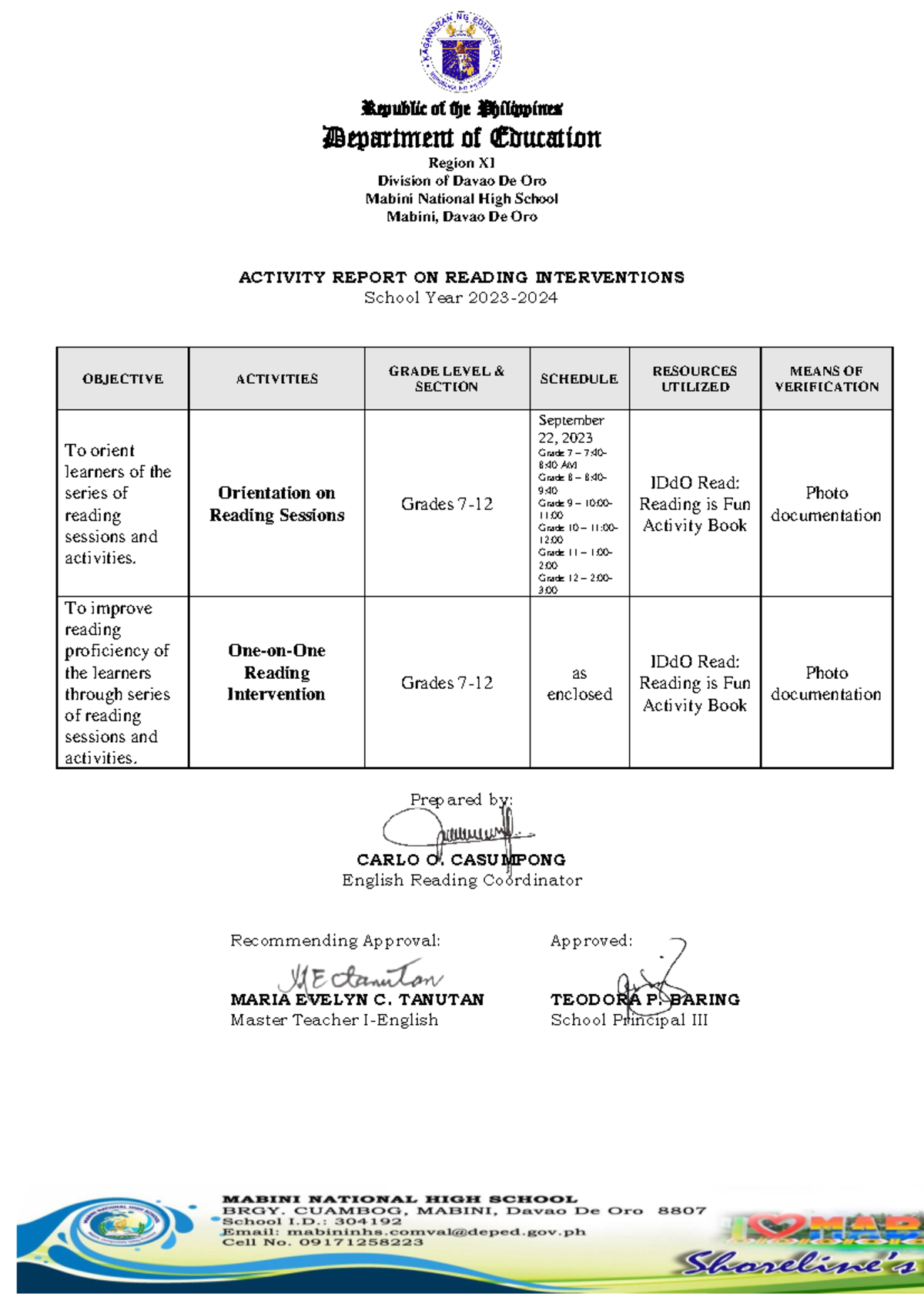 ACTIVITY REPORT ON READING INTERVENTIONS SY 2023-2024 - Studocu
