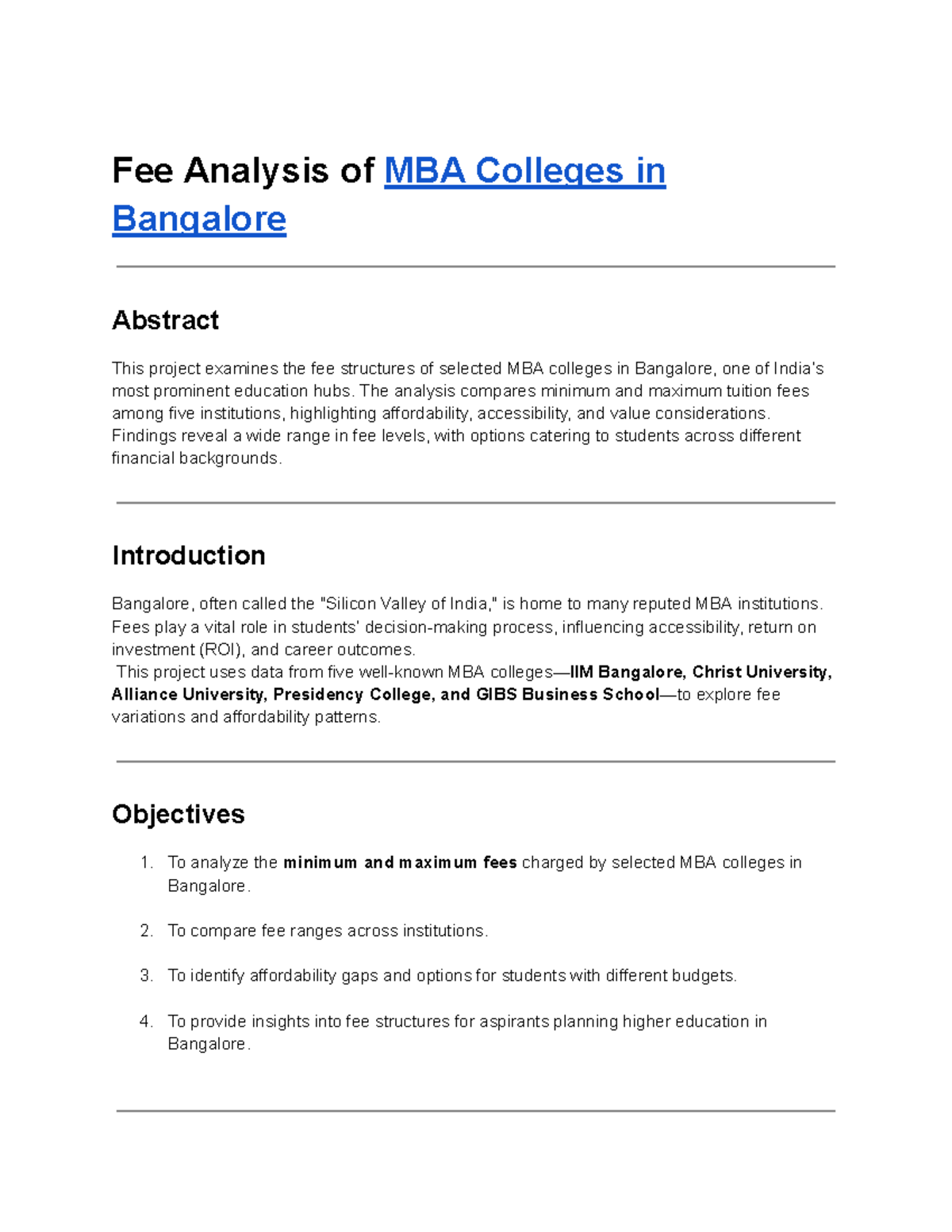 MBA Fee Analysis in Bangalore: A Comparative Study 2025 - Studocu