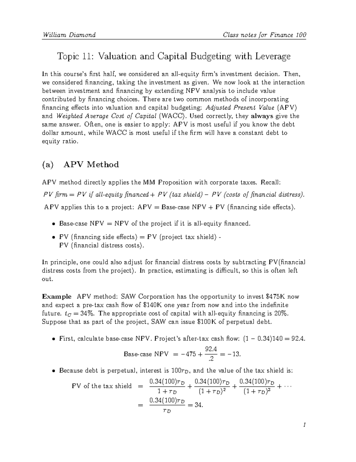 Lecture Notes: Valuation & Capital Budgeting with Leverage (T 12) - Studocu