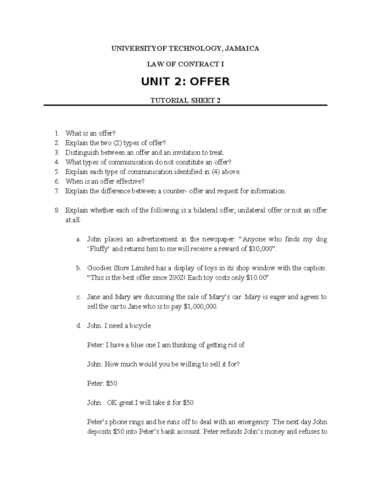 Contract Law I Tutorial Sheet 2: Understanding Offers and ...