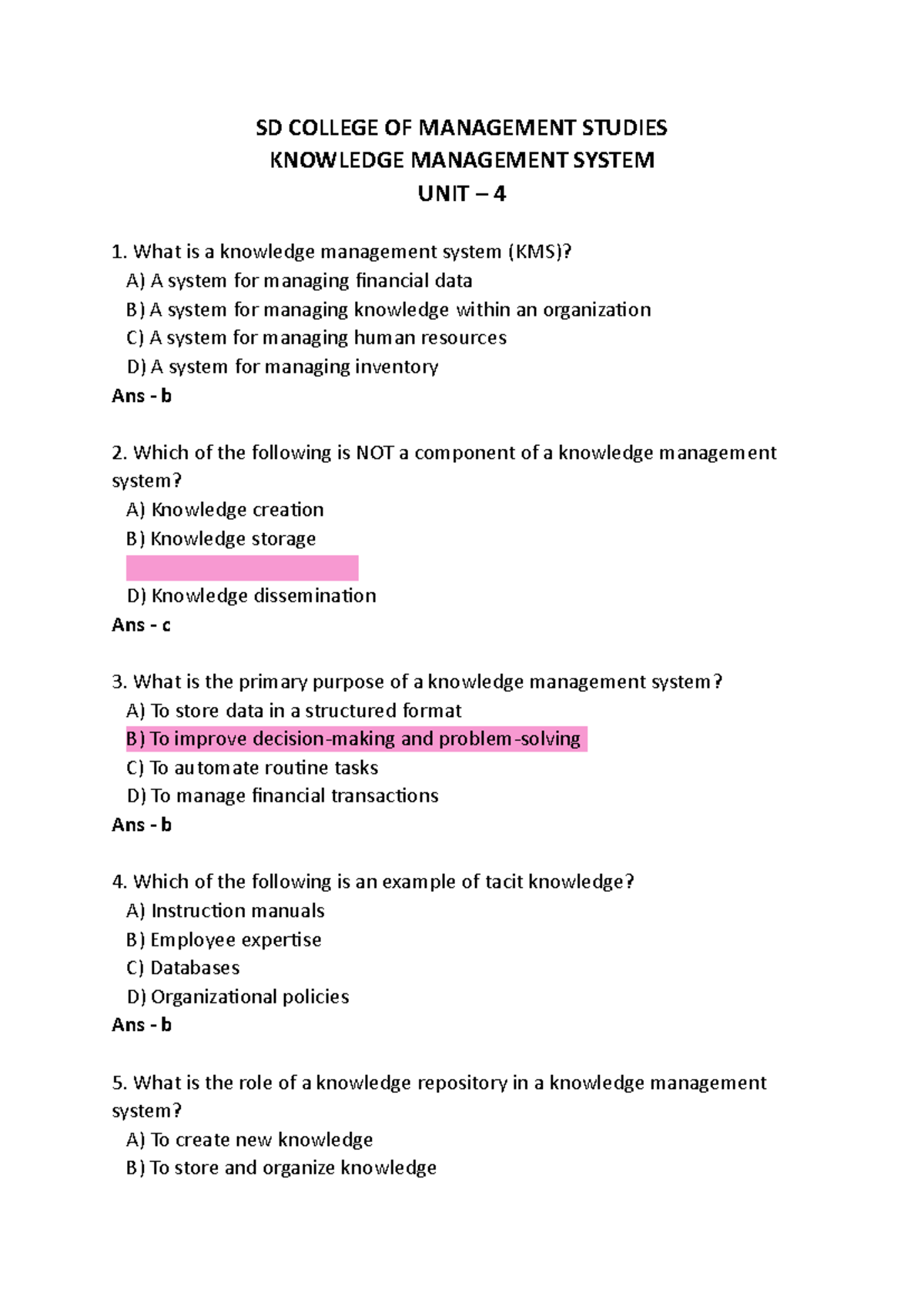BCA KMS - Knowledge Management System Study Notes for 6th Sem - Studocu