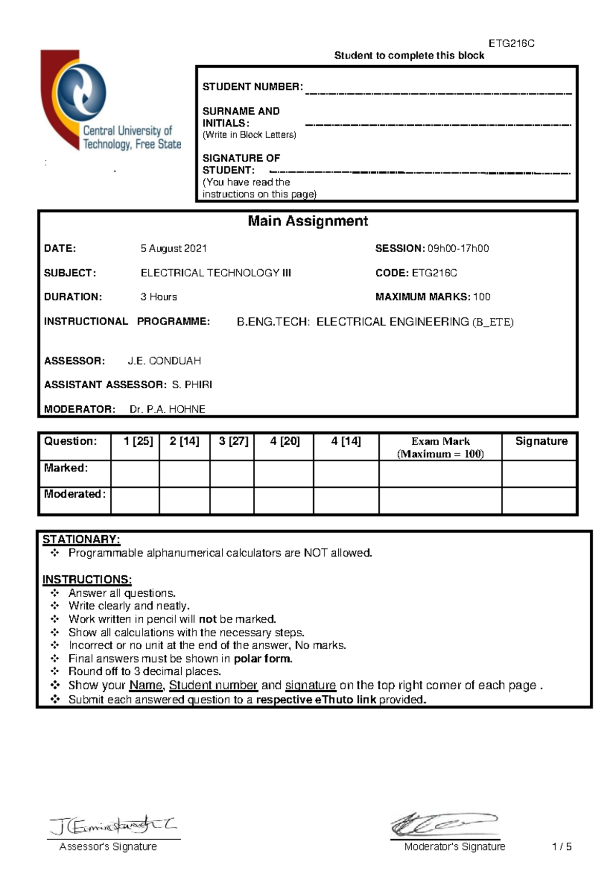 ETG216C 2021 Main Assignment: Electrical Technology Exam Paper - Studocu