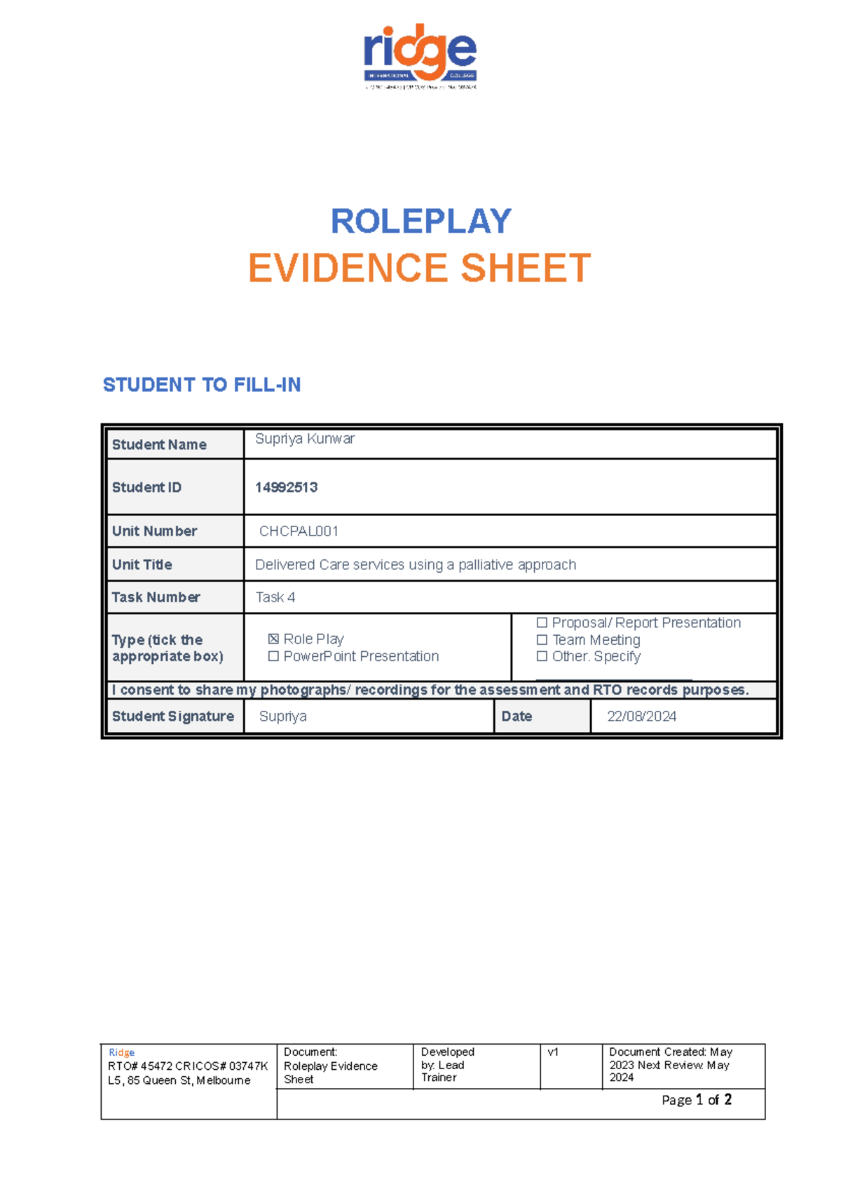 CHCPAL Task 4: Roleplay Evidence Sheet for Supriya Kunwar - Studocu