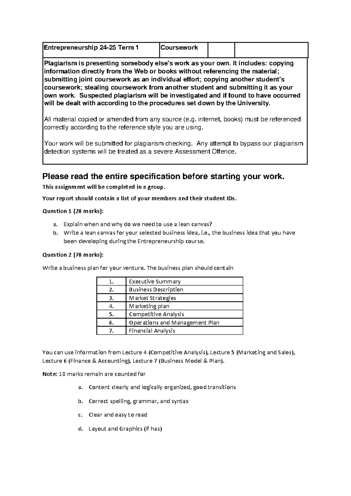 Entrepreneurship Coursework: Lean Canvas & Business Plan Guide 24-25 ...