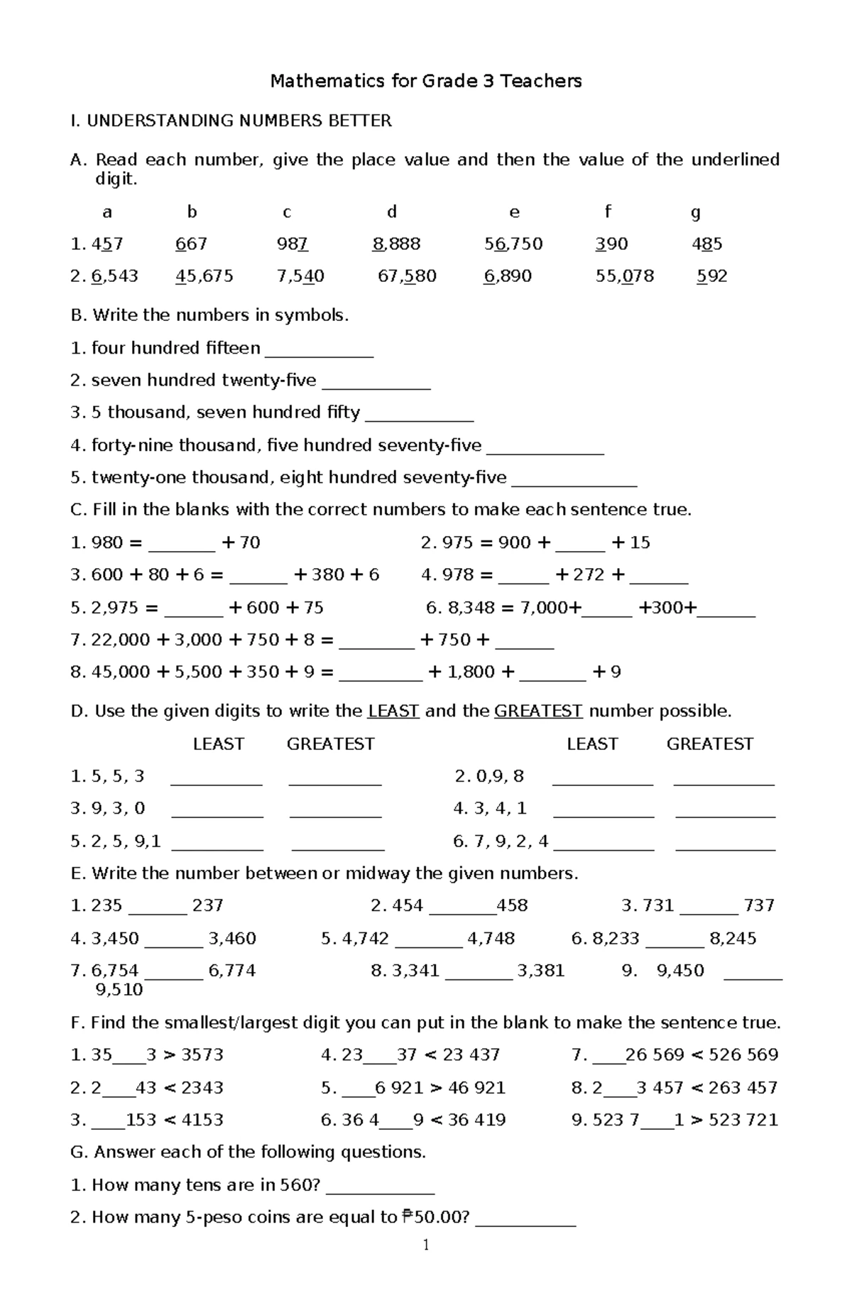 Mathematics for Grade 4 Teachers I: Understanding Numbers and ...