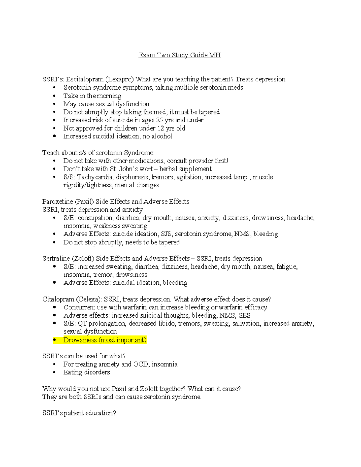 NUR 356 MH EXAM2 S2S - Steps to Success - Exam Two Study Guide MH SSRI ...