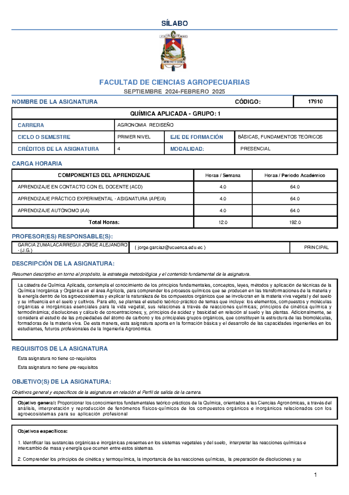 Sílabo Química Aplicada (Código: 17910) - Facultad de Ciencias Agropecuarias - Document Preview