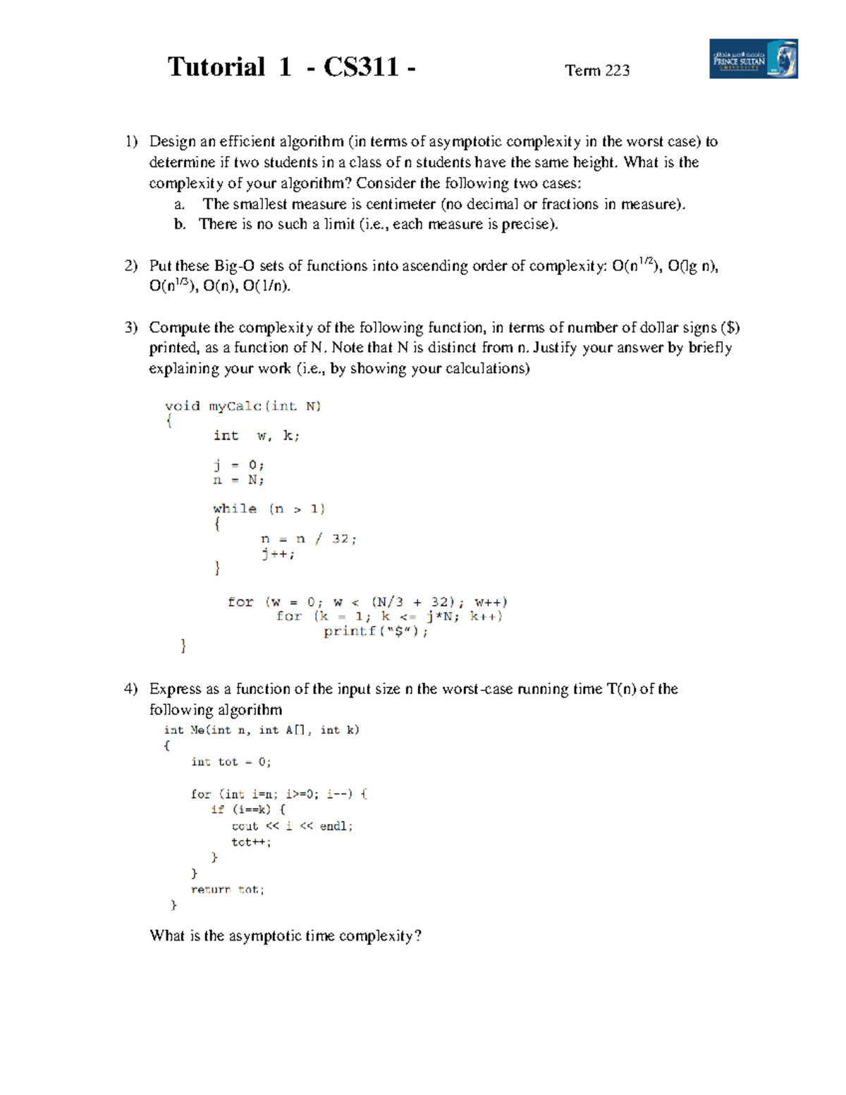 CS311-Tutorial 1: Complexity Analysis and Algorithm Design - Studocu
