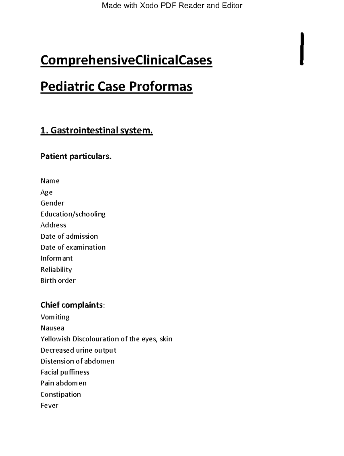 Pediatric Case Proformas: Comprehensive Clinical Assessment - Studocu