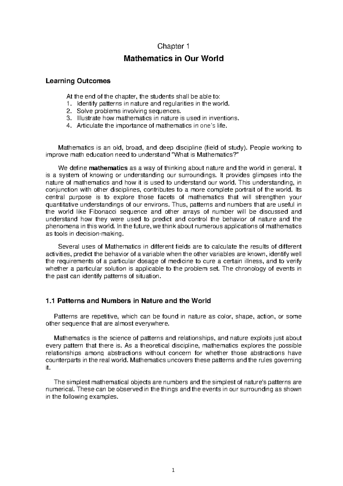 GEC4 Mathematics in the Modern World Chapter 1: Patterns in Nature ...