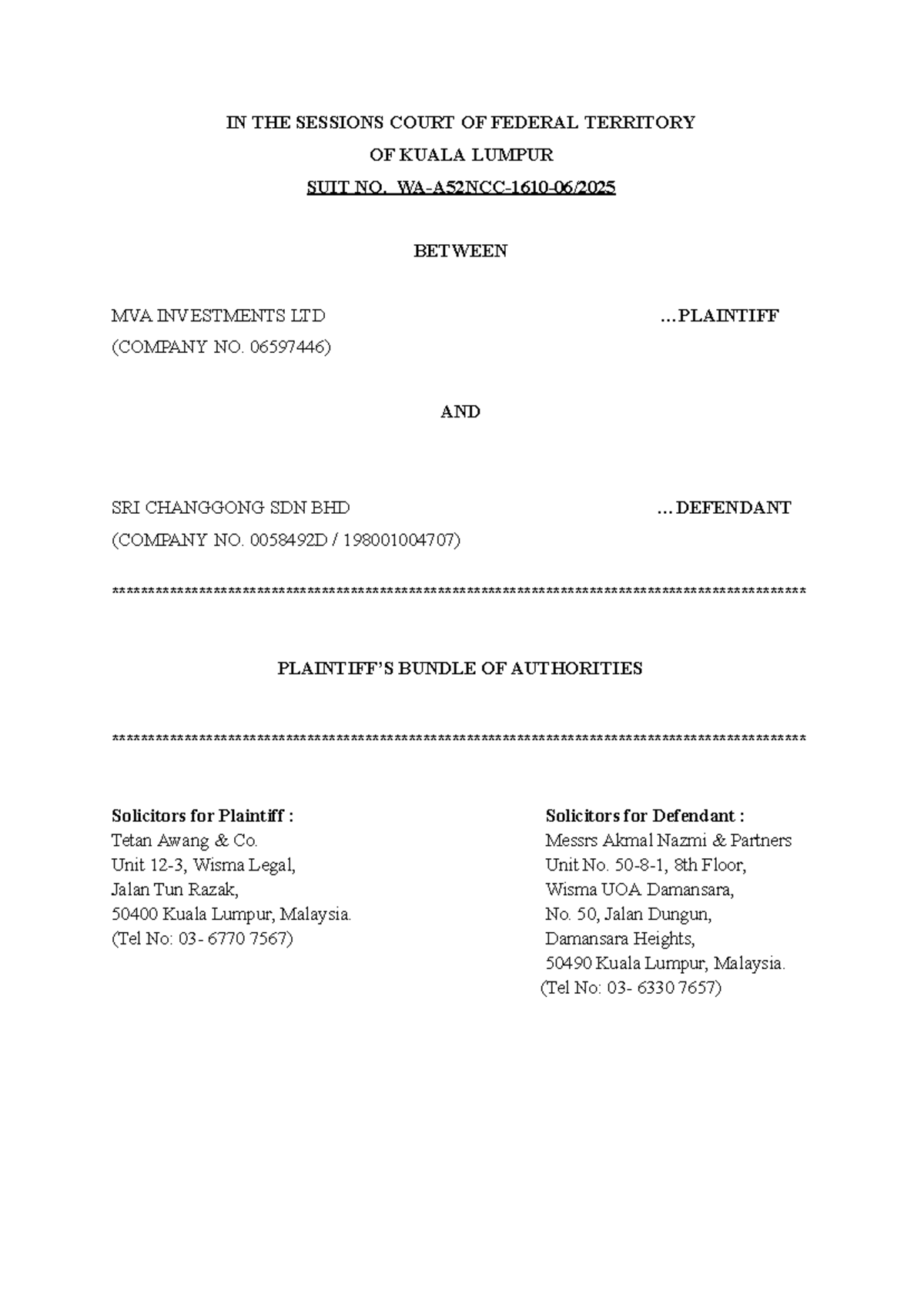 Bundle of Authorities for Suit No. MVA Investments Ltd v. Sri Changgong ...