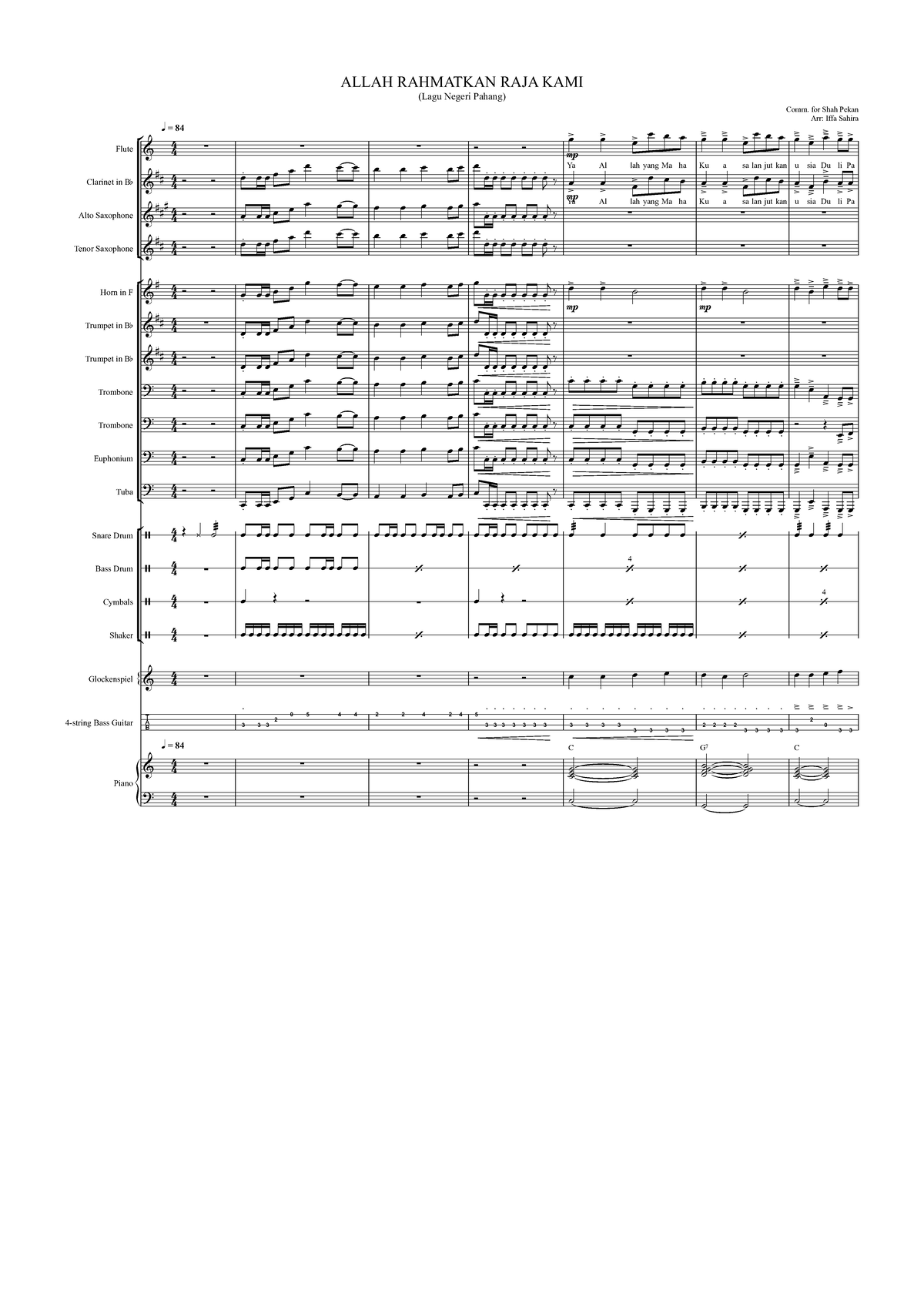 ALLAH RAHMATKAN RAJA KAMI (Lagu Negeri Pahang) - Score & Parts - Studocu