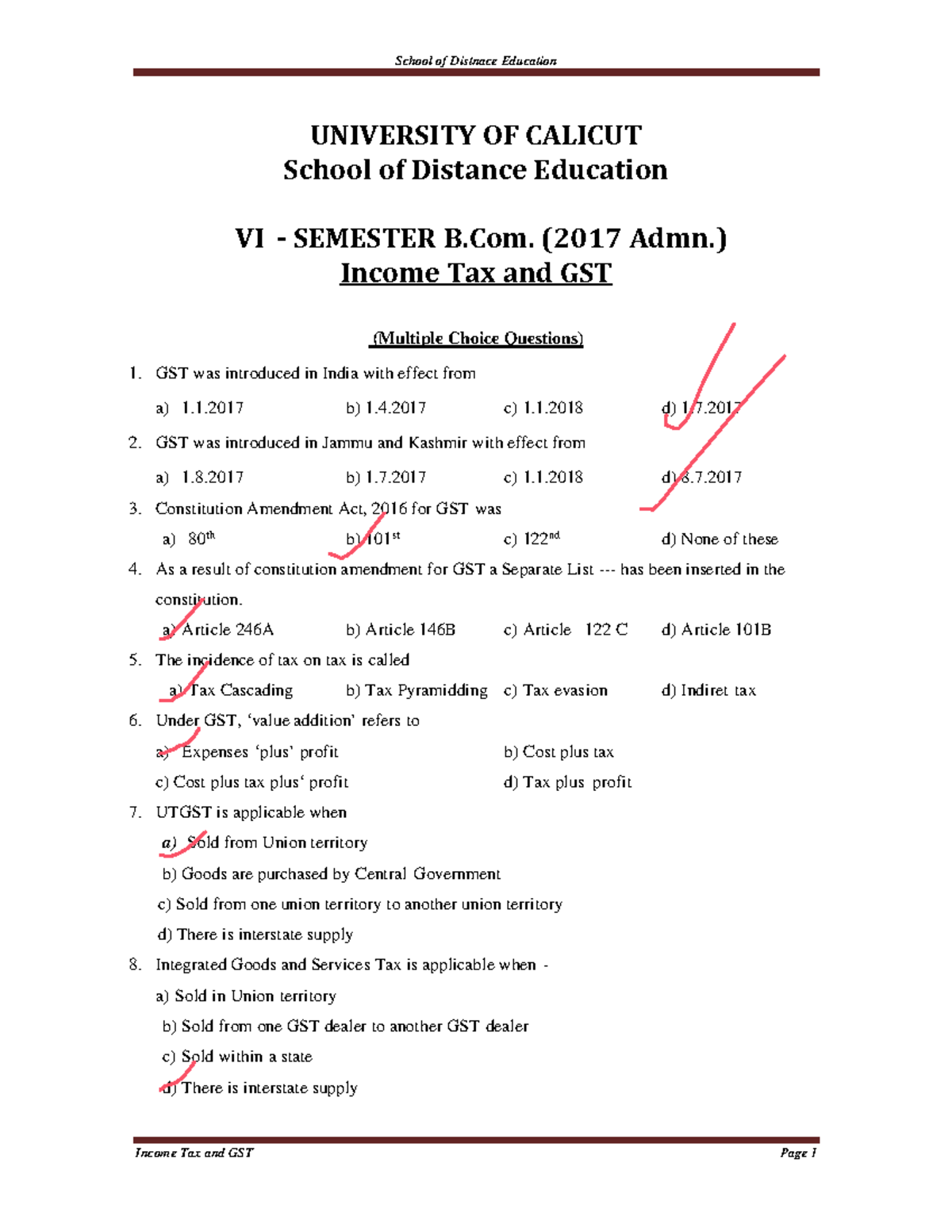 MCQ Question Bank - B.COM Semester VI - Income Tax and GST - Studocu