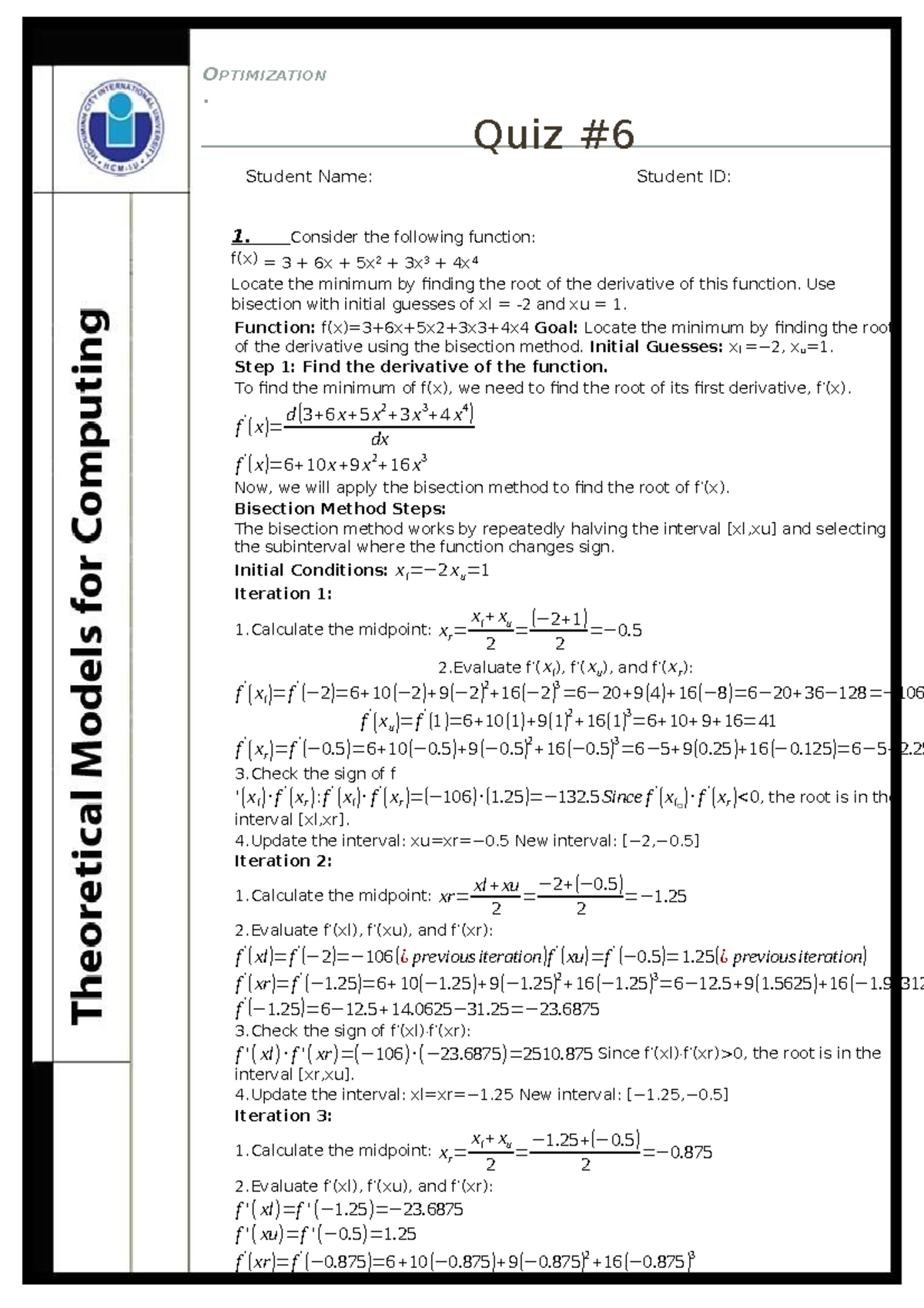US TMC Quiz 6: Optimization Techniques and Bisection Method - Studocu