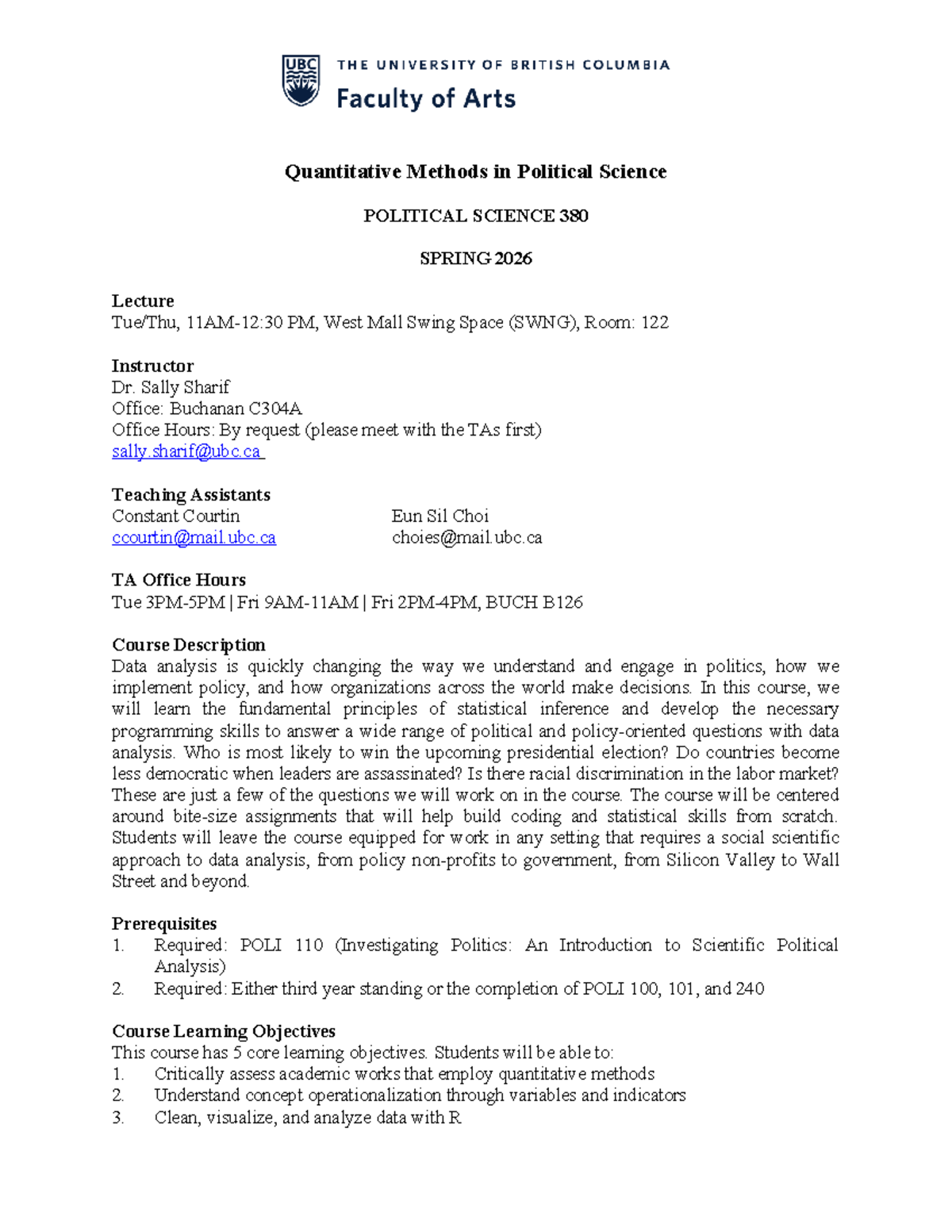 Quantitative Methods in Political Science POLI 380 Spring 2026 Syllabus ...