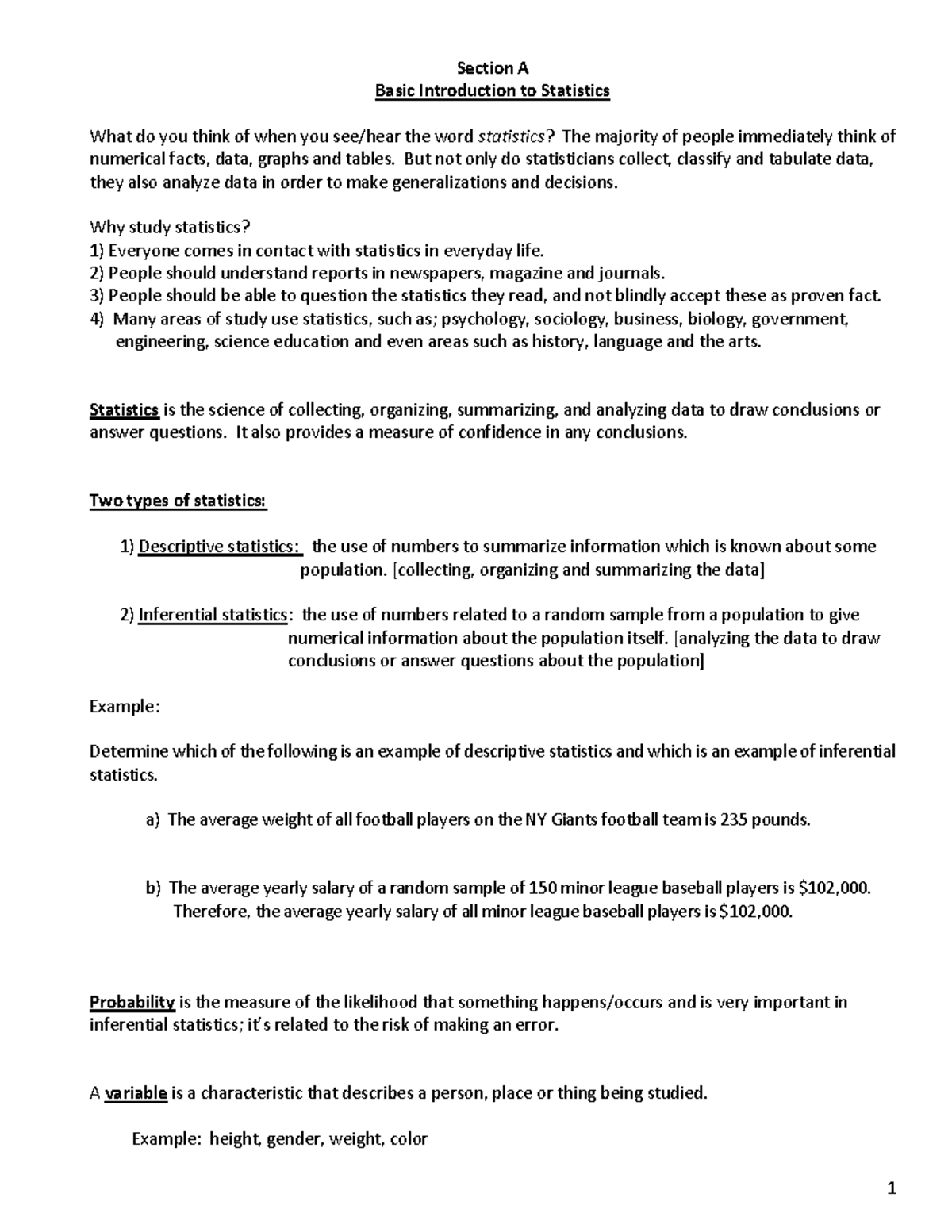 Section A: Intro to Statistics - Key Concepts & Definitions - Studocu