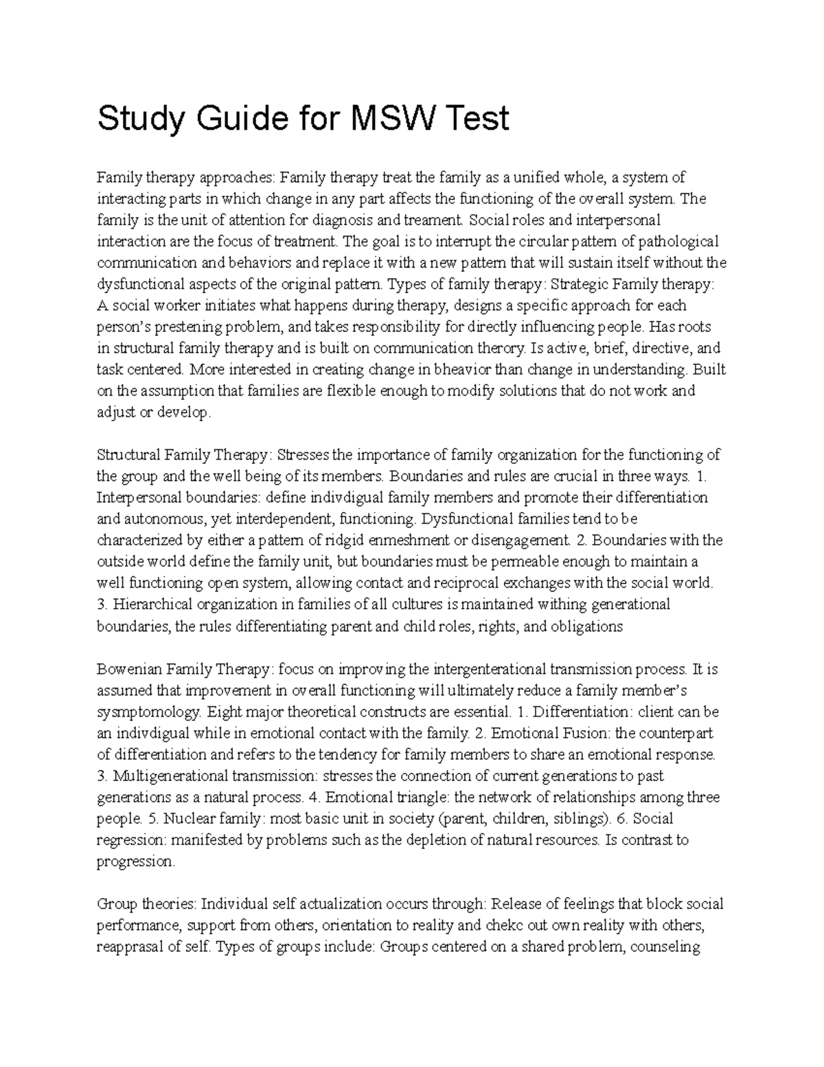 Study Guide for MSW Test: Family & Group Theories Overview - Studocu