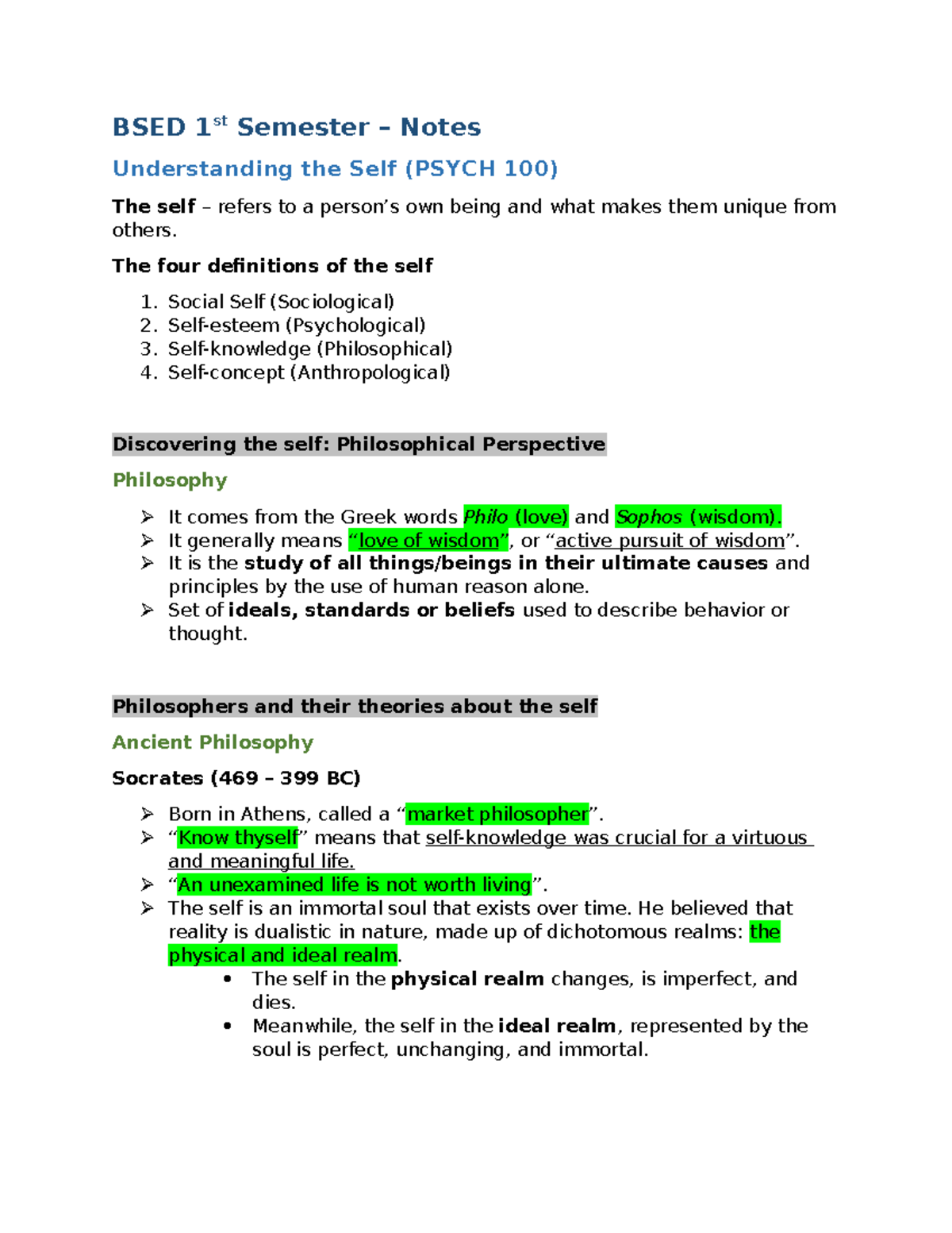 BSED 1st Sem Notes: Understanding the Self (PSYCH 100) Part 1 - Studocu