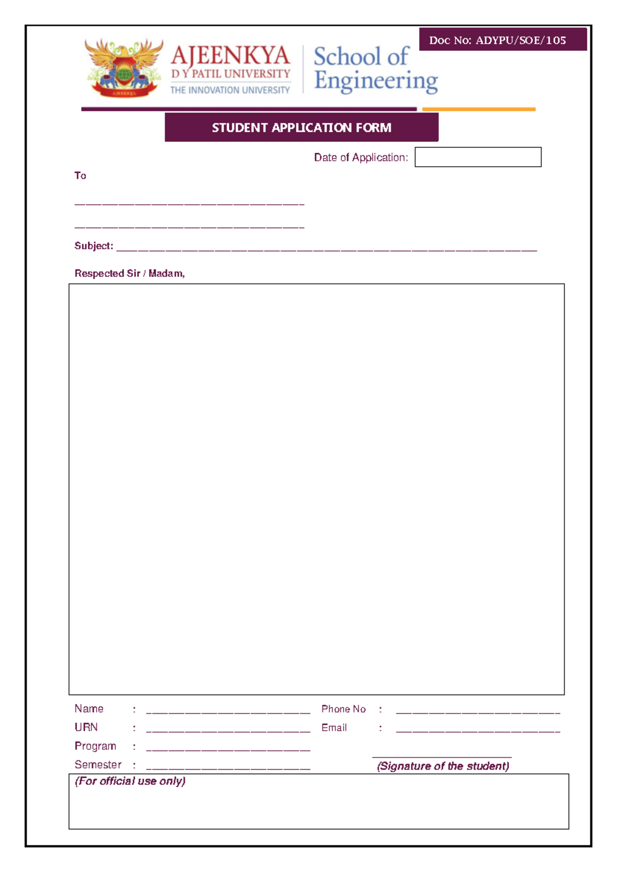 105 Student Application form-1 - Doc No: ADYPU/SOE/ 105 Date of ...