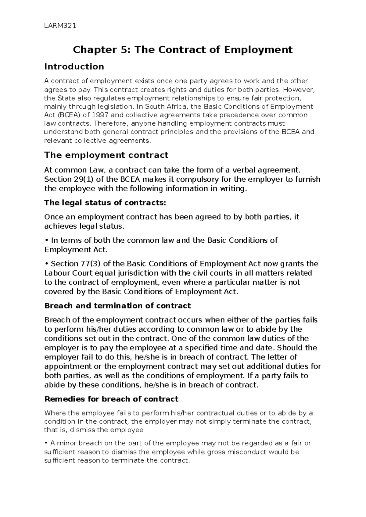LARM321 Notes on Chapters 5, 7, and 8: Employment Contracts & Equity ...