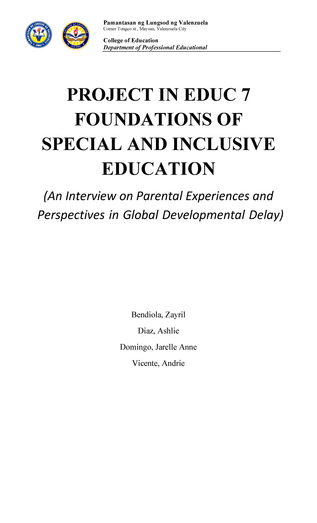 Project in EDUC 7: Parental Insights on Global Developmental Delay ...