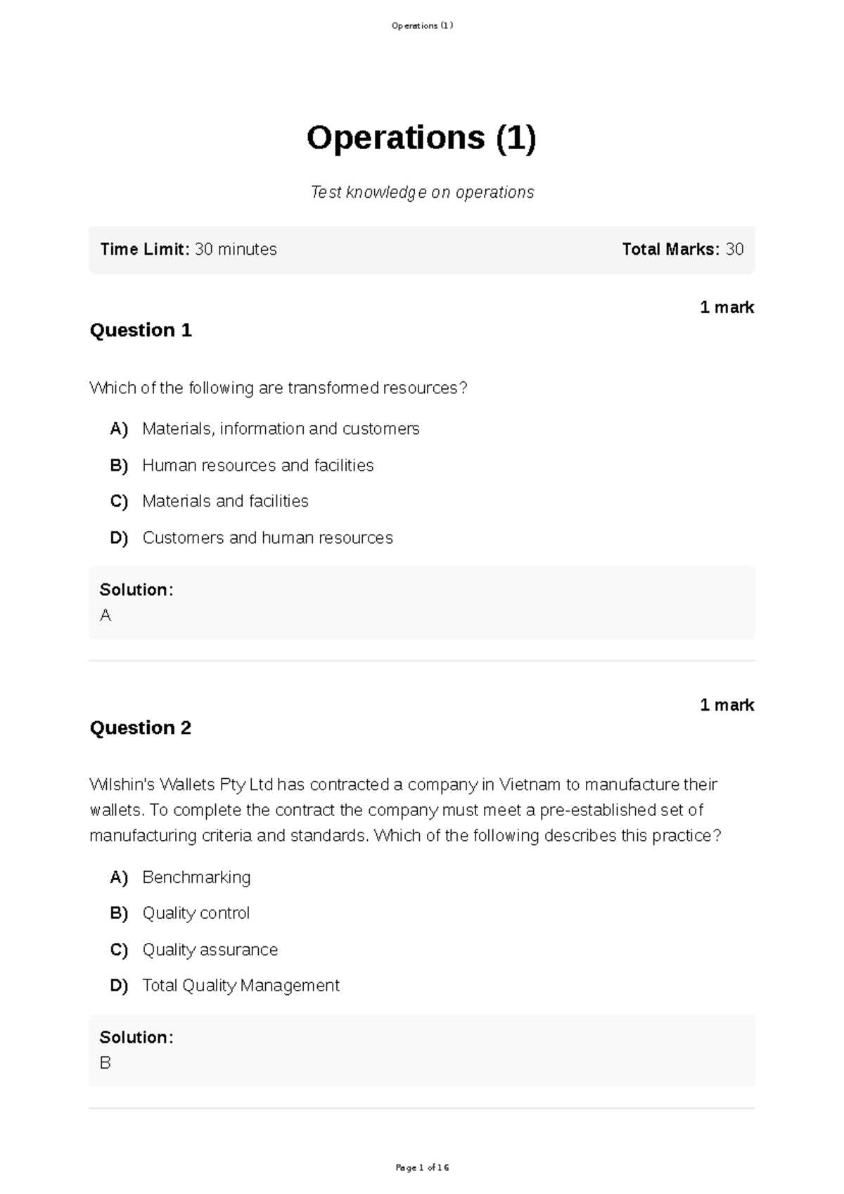 Operations (1) Test: Comprehensive Solutions and Analysis - Studocu