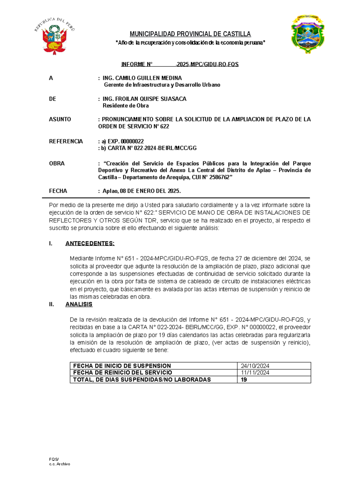 Informe DE Ampliacion D Eplazo - MUNICIPALIDAD PROVINCIAL DE CASTILLA ...