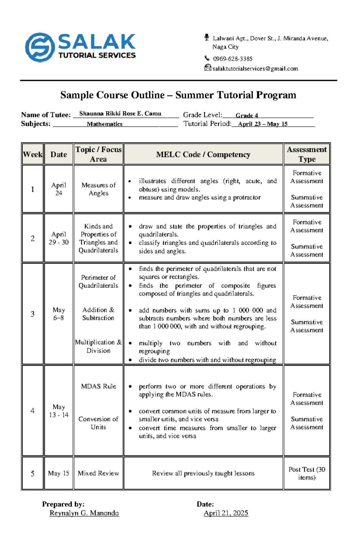 Grade 4 Tutorial Program Outline: Mathematics Summer 2025 - Studocu