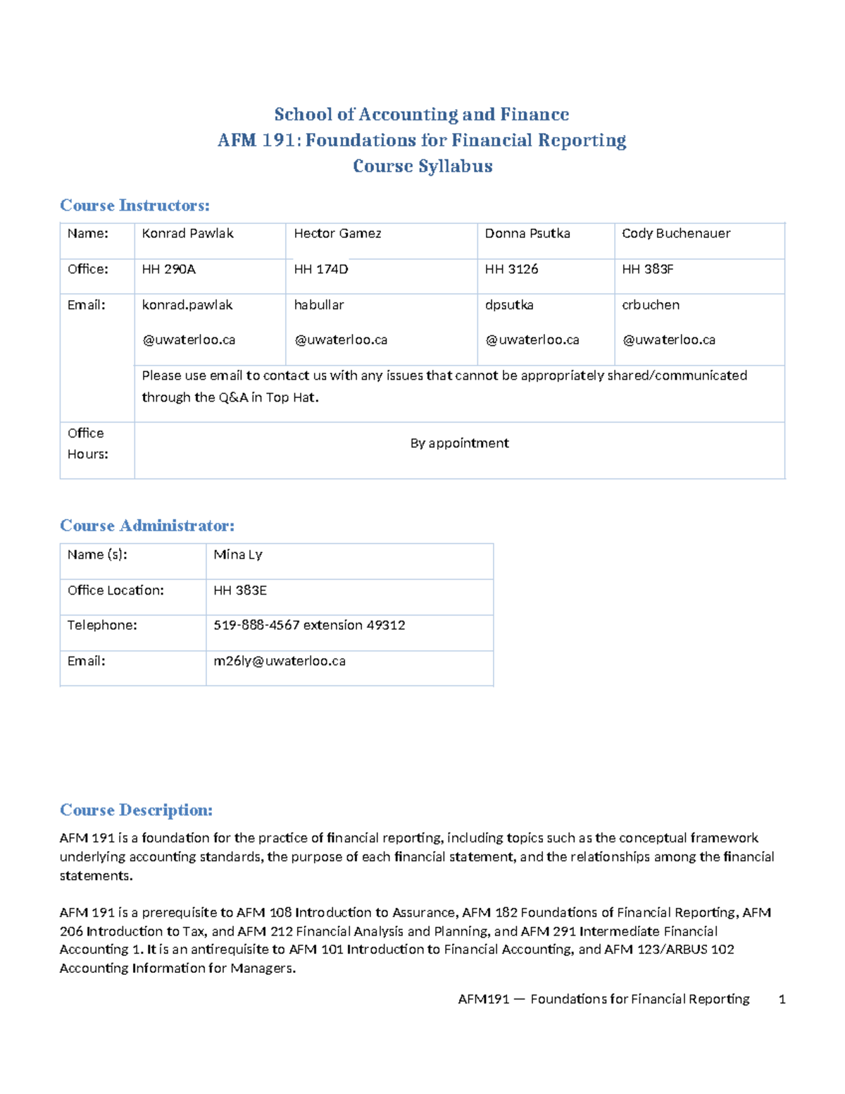 AFM 191 Course Syllabus: Foundations for Financial Reporting (Fall 2021 ...