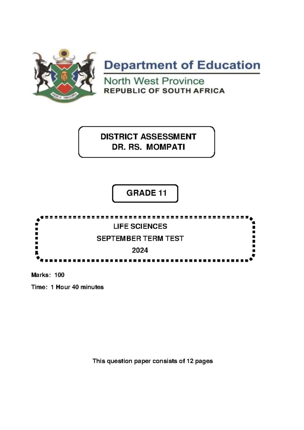 GRADE 11 LIFE SCIENCES SEPTEMBER TERM TEST 2024 - Studocu